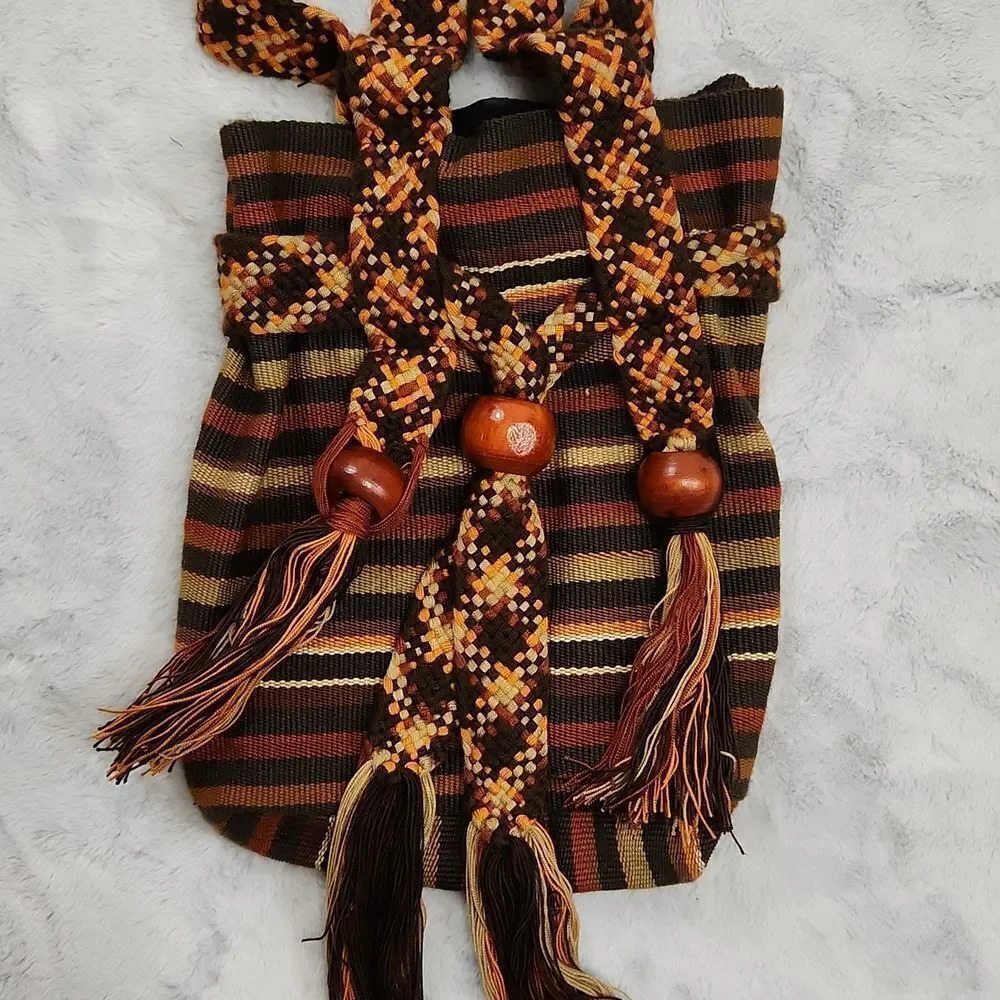 Handwoven Boho Woven Bucket Crossbody Bag Tribal Stripe Wood Bead Tassels - Picture 2 of 10